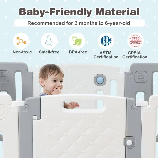 14 Panel Foldable & Modular Baby Playpen | Ball Pool | Activity Panel w/Sounds | Grey & White