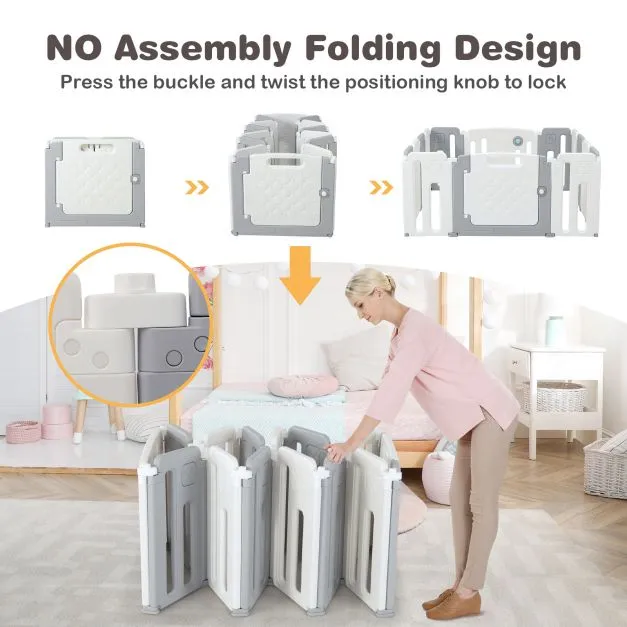 14 Panel Foldable & Modular Baby Playpen | Ball Pool | Activity Panel w/Sounds | Grey & White