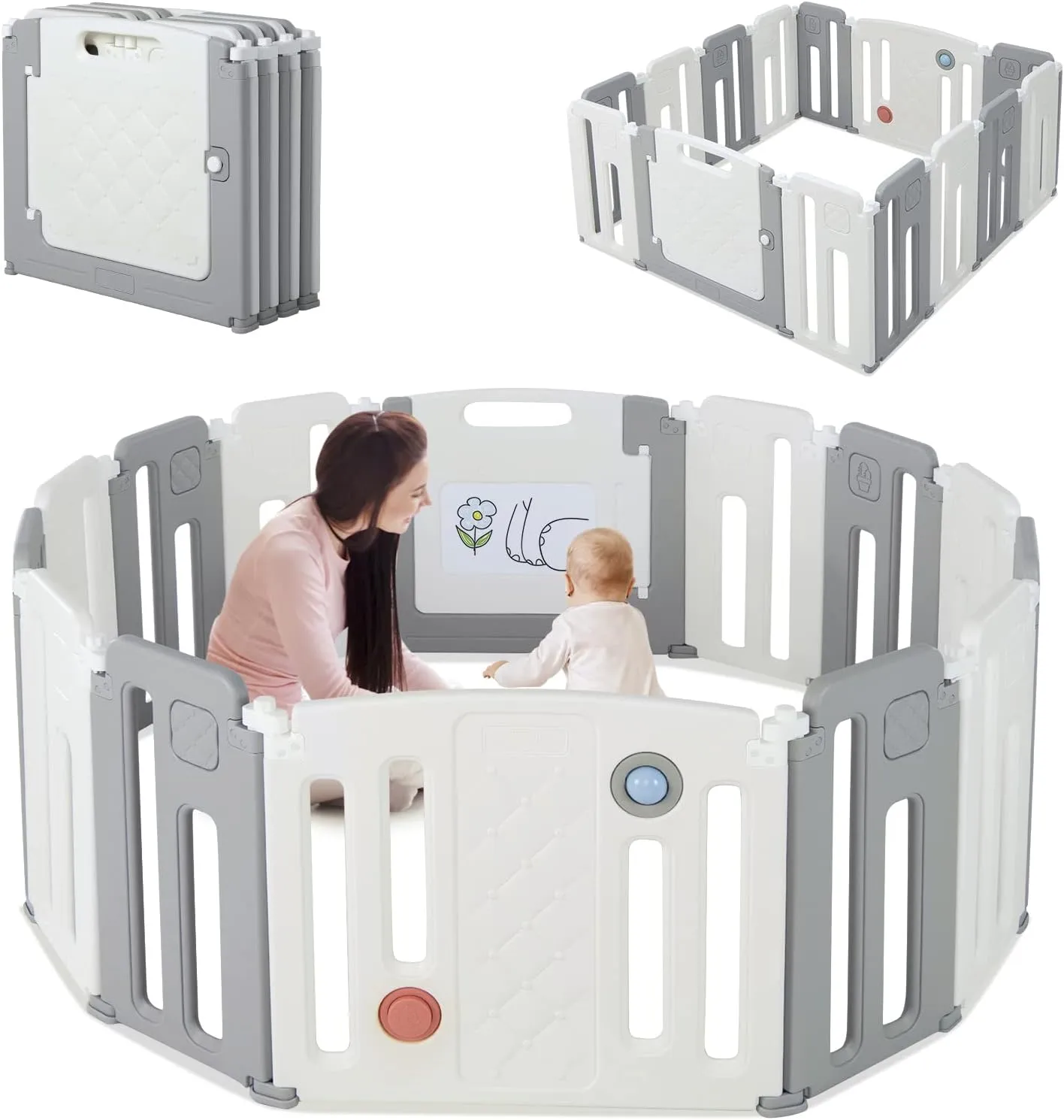 14 Panel Foldable & Modular Baby Playpen | Ball Pool | Activity Panel w/Sounds | Grey & White