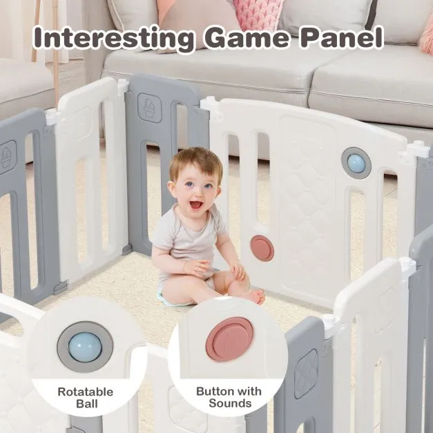 14 Panel Foldable & Modular Baby Playpen | Ball Pool | Activity Panel w/Sounds | Grey & White