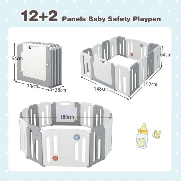 14 Panel Foldable & Modular Baby Playpen | Ball Pool | Activity Panel w/Sounds | Grey & White