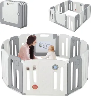14 Panel Foldable & Modular Baby Playpen | Ball Pool | Activity Panel w/Sounds | Grey & White