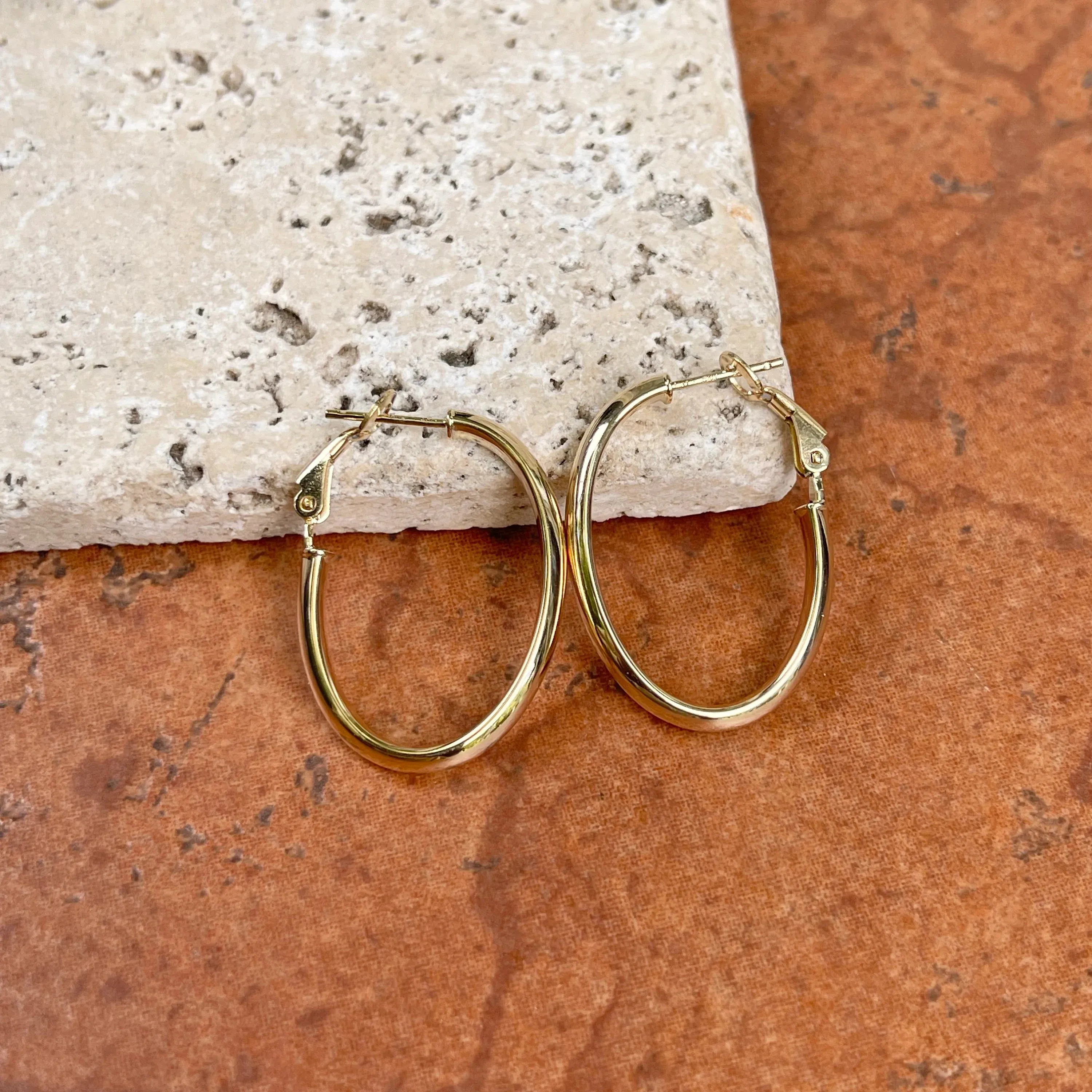 14KT Yellow Gold Oval Hoop Omega Back Earrings 30mm