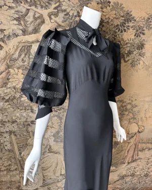 1930s Art Deco Black Balloon Sleeve Maxi Dress