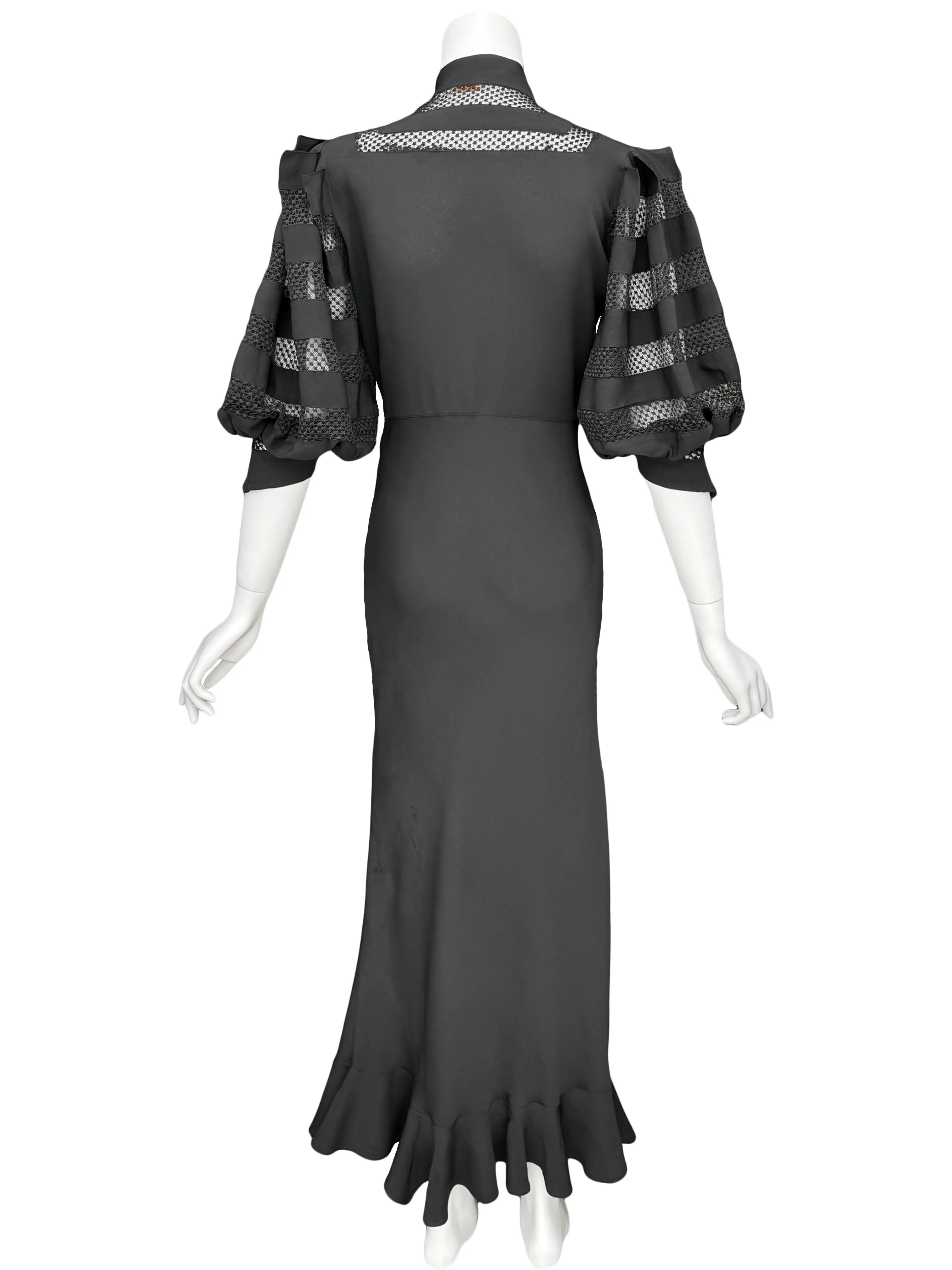 1930s Art Deco Black Balloon Sleeve Maxi Dress