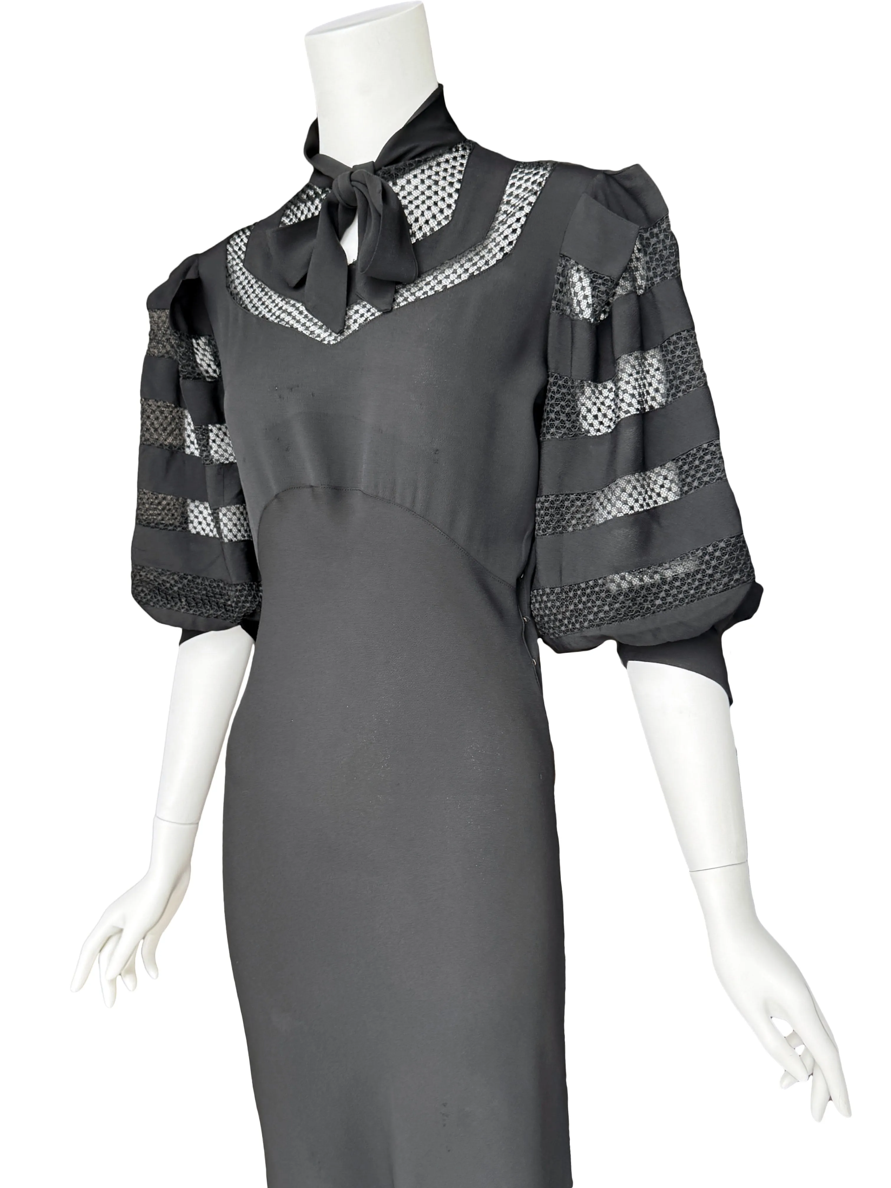 1930s Art Deco Black Balloon Sleeve Maxi Dress
