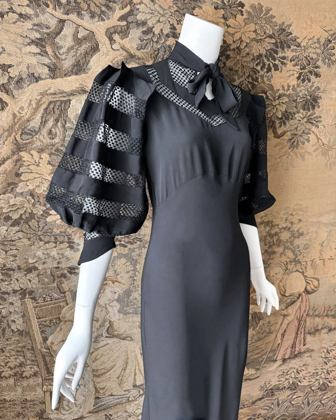 1930s Art Deco Black Balloon Sleeve Maxi Dress