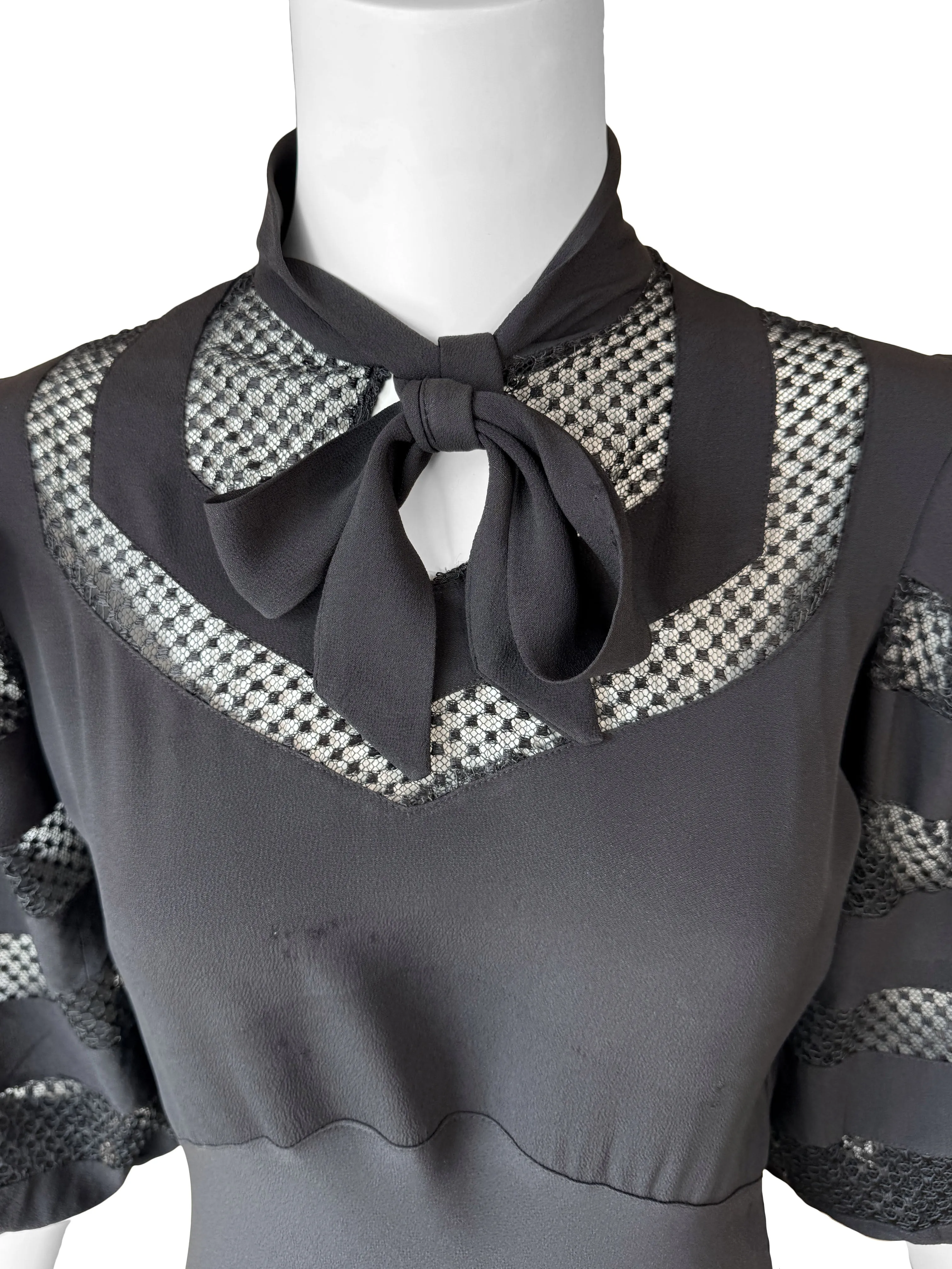 1930s Art Deco Black Balloon Sleeve Maxi Dress