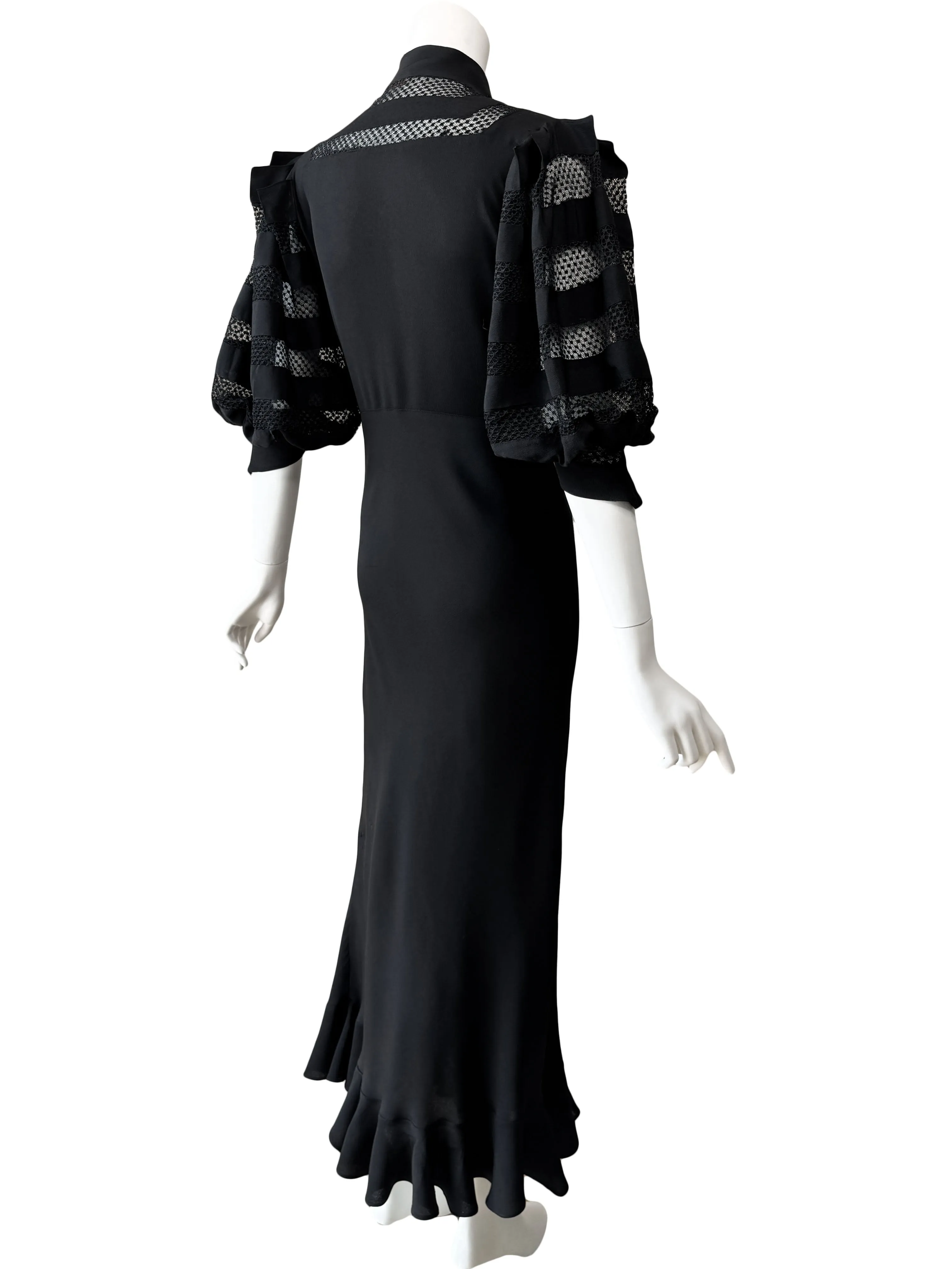 1930s Art Deco Black Balloon Sleeve Maxi Dress