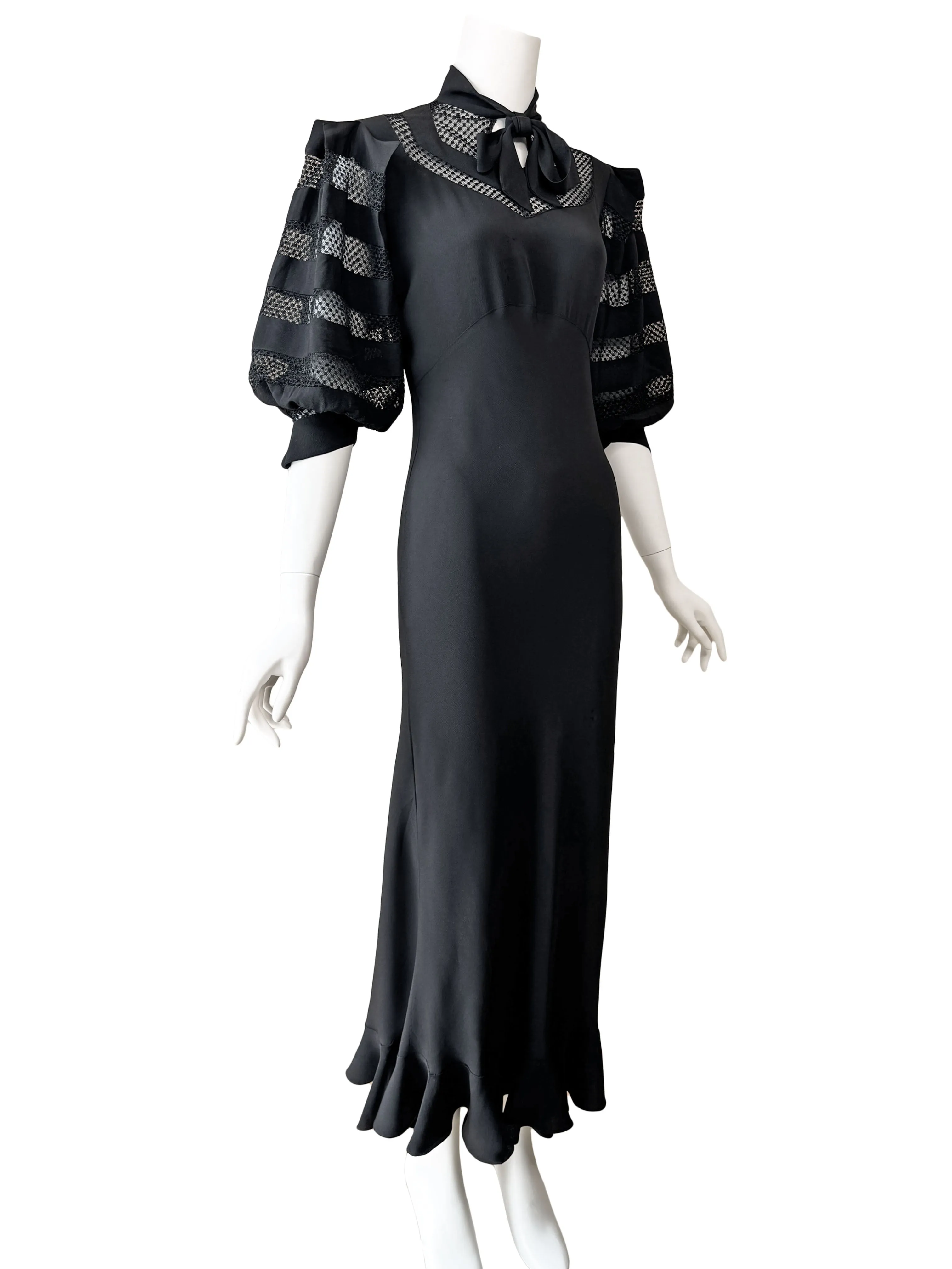 1930s Art Deco Black Balloon Sleeve Maxi Dress