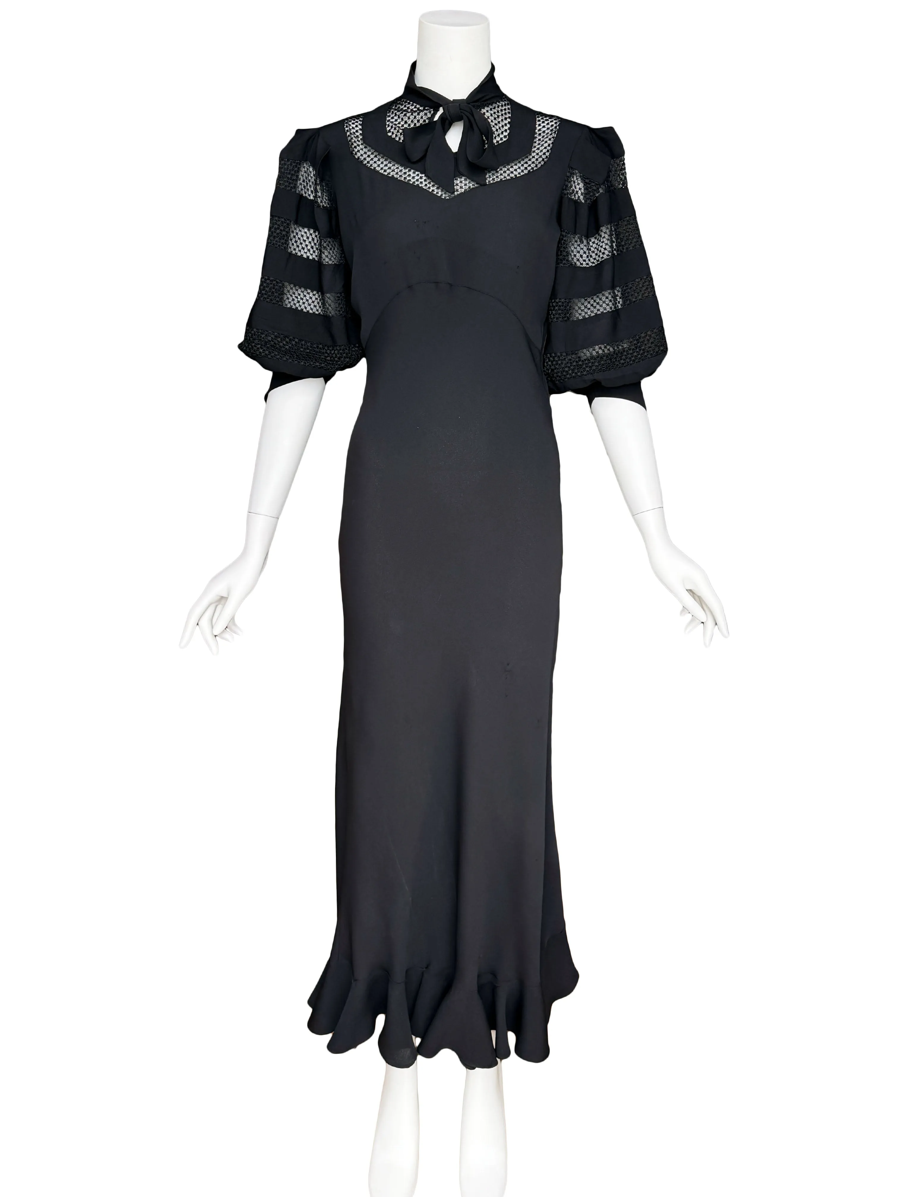 1930s Art Deco Black Balloon Sleeve Maxi Dress