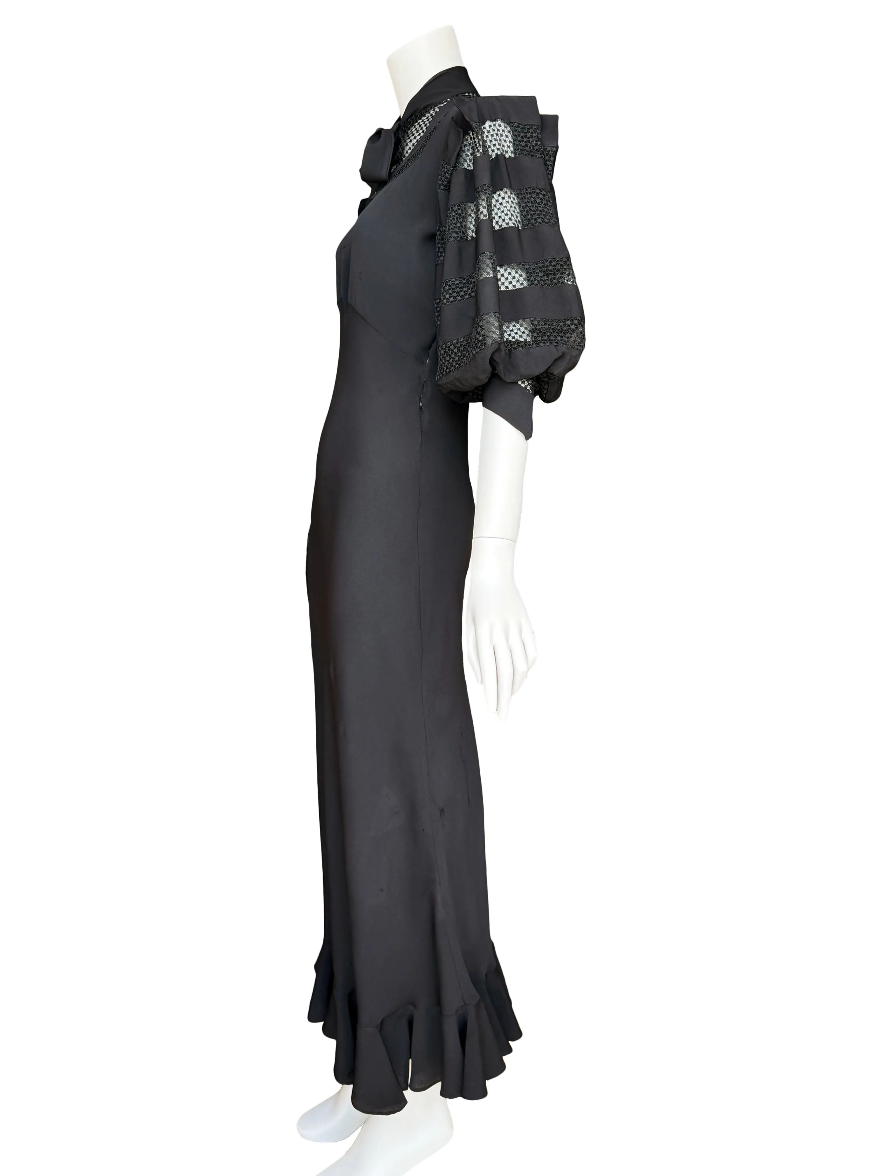 1930s Art Deco Black Balloon Sleeve Maxi Dress