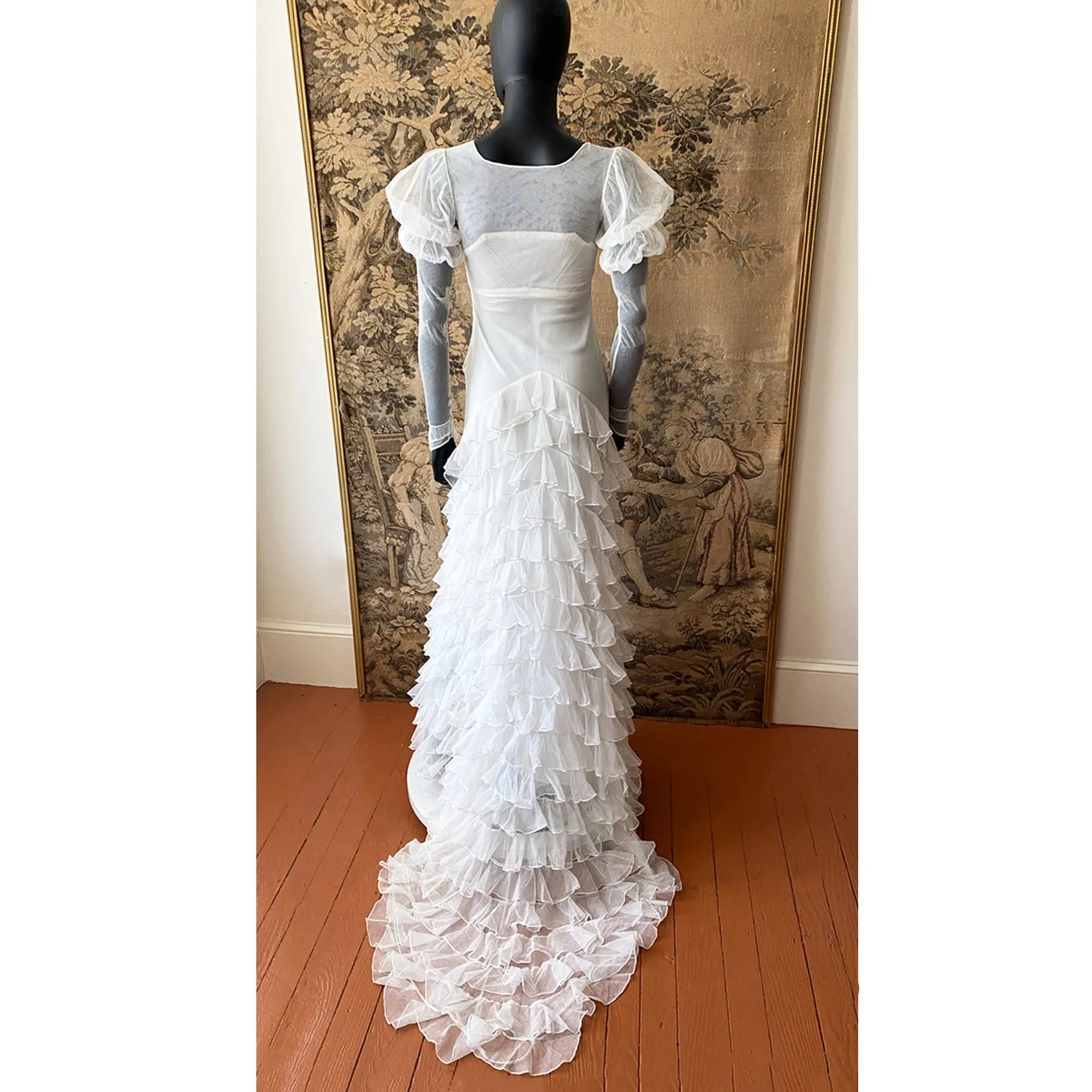 1930s Net Gown With Ruffled Train