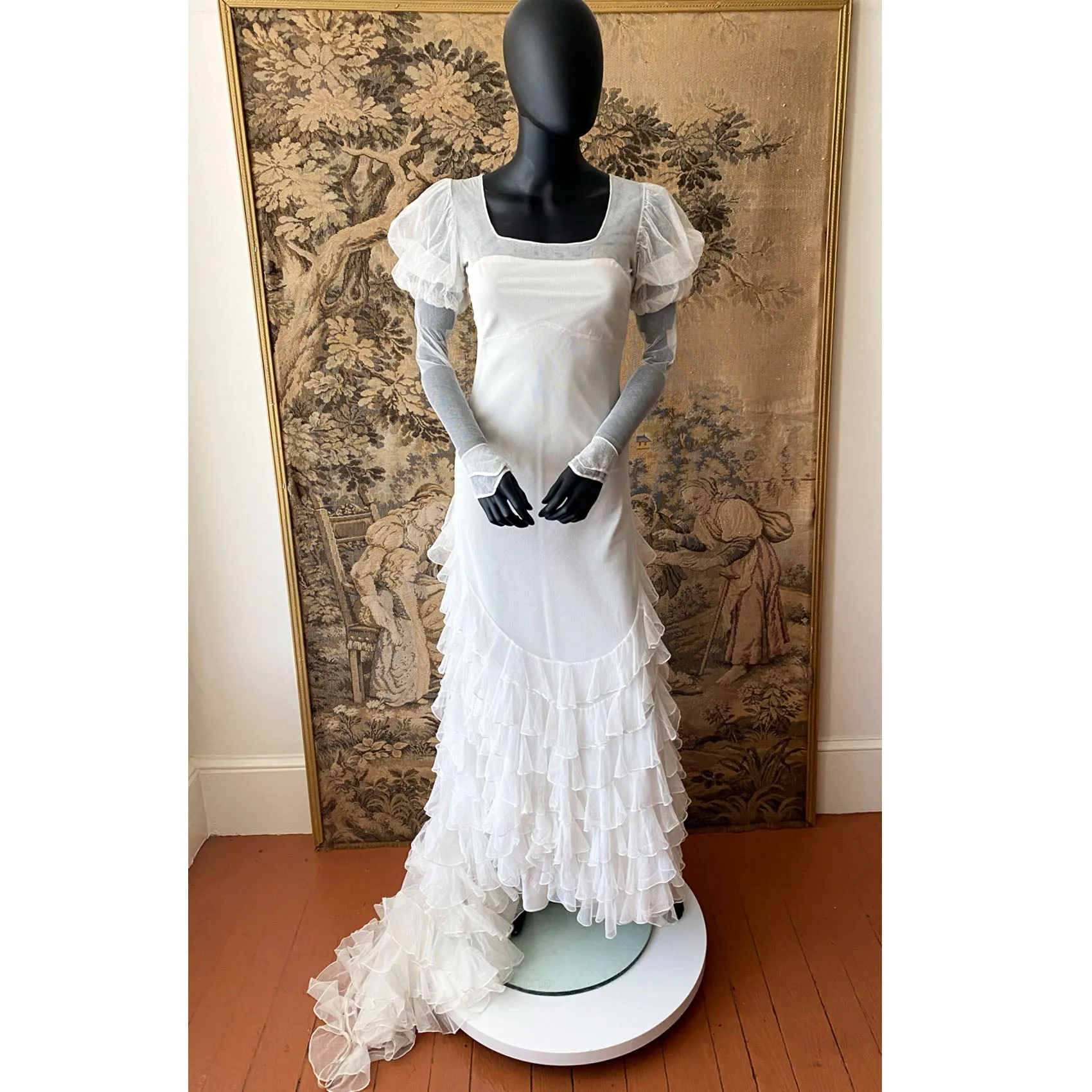 1930s Net Gown With Ruffled Train