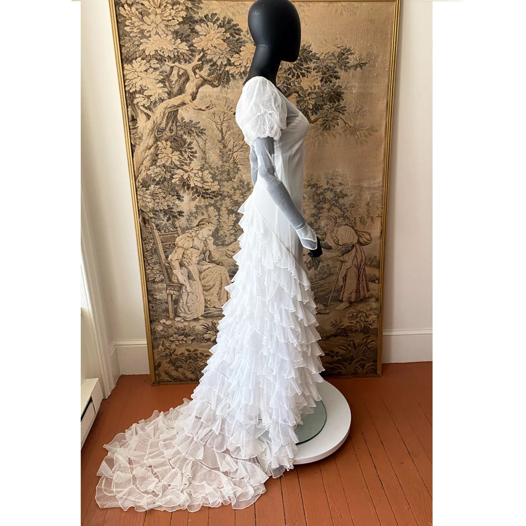 1930s Net Gown With Ruffled Train
