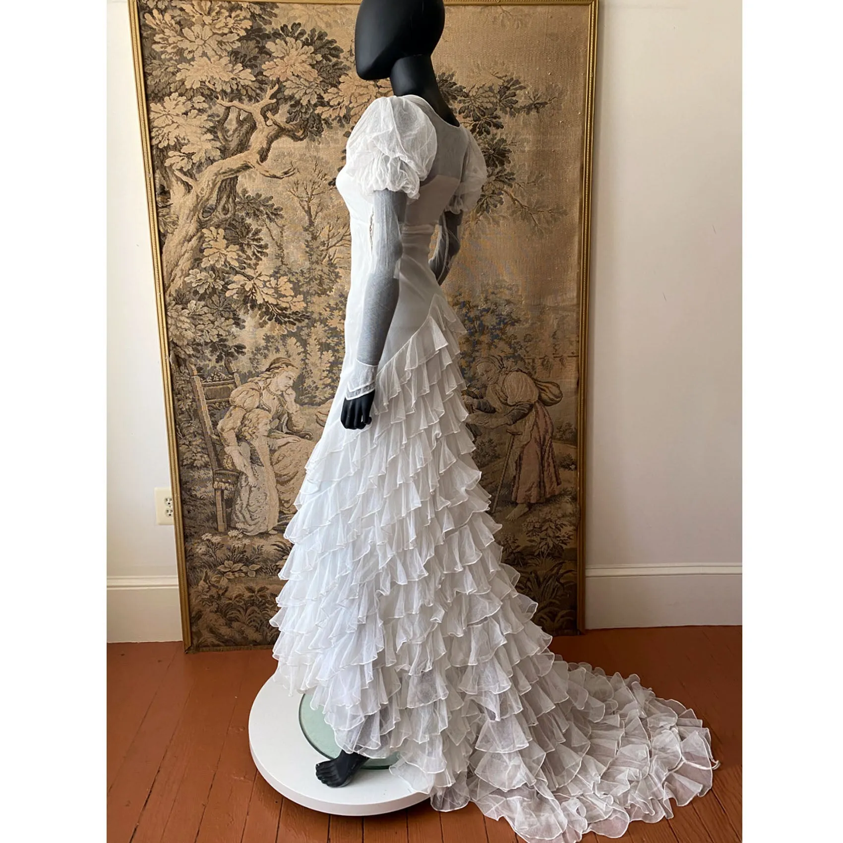 1930s Net Gown With Ruffled Train