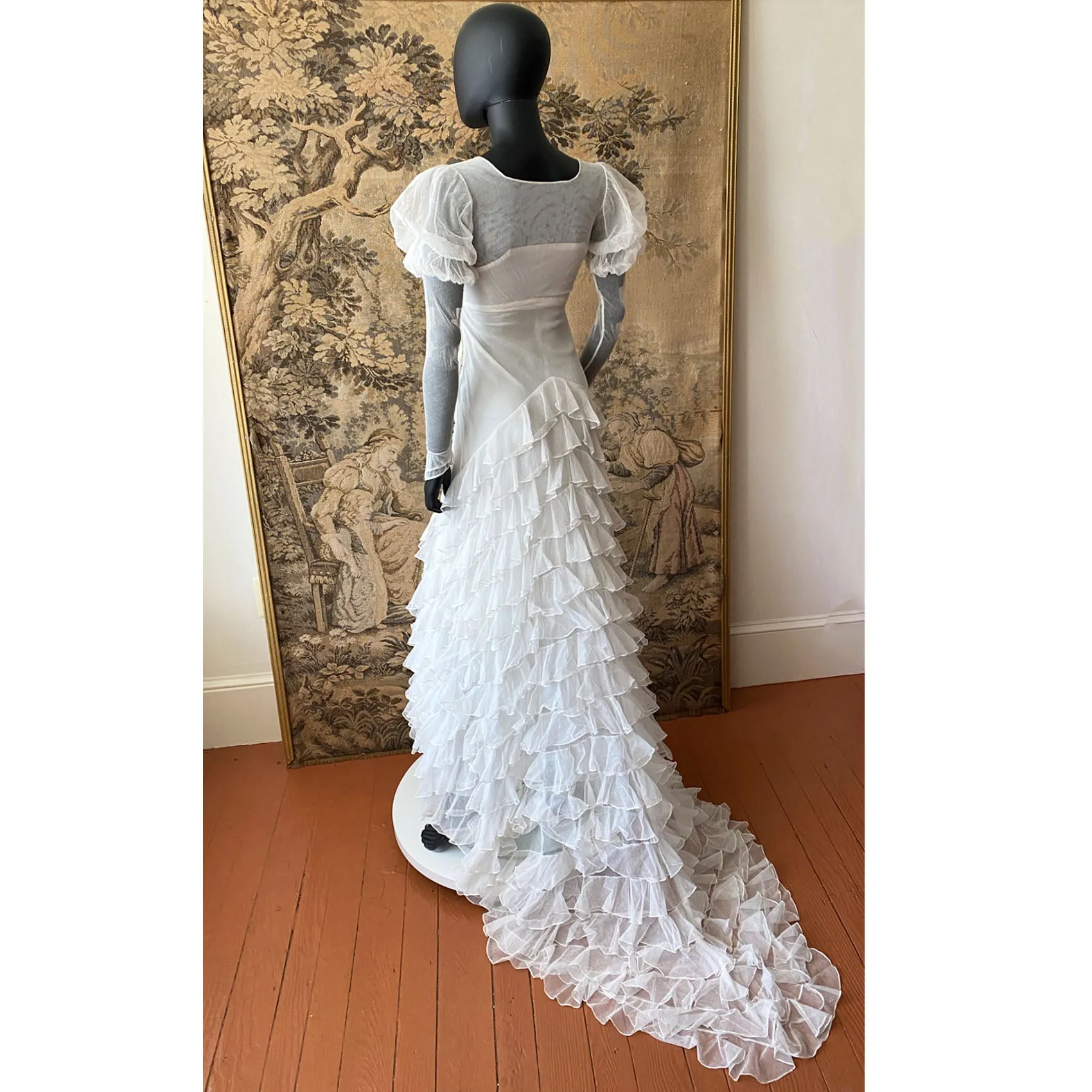 1930s Net Gown With Ruffled Train