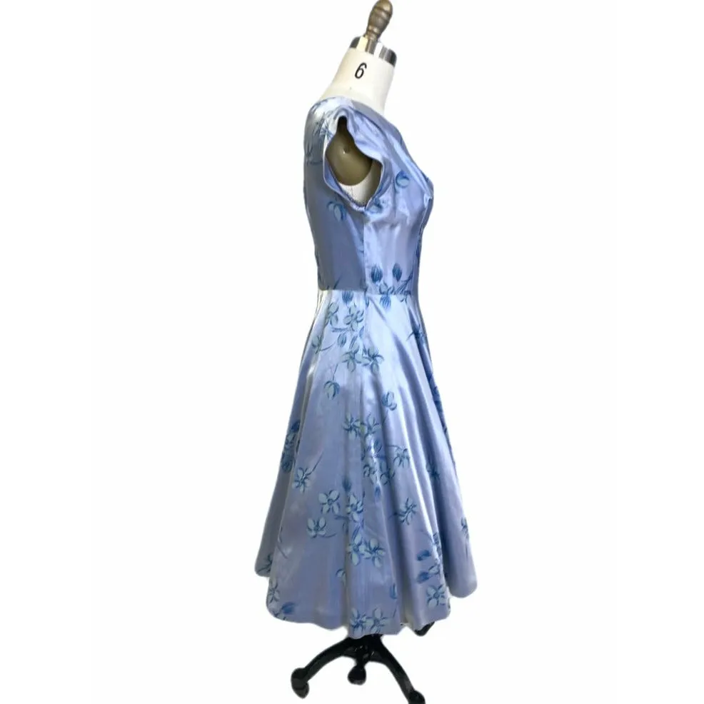 1950's Vintage Blue Floral Satin Dress I Love Lucy Full Skirt Sz S/M Cocktail