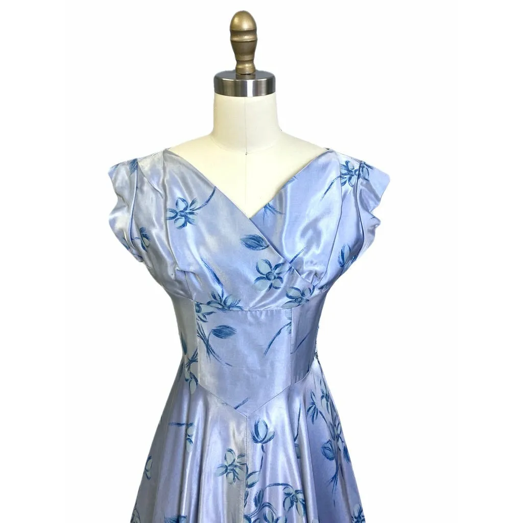 1950's Vintage Blue Floral Satin Dress I Love Lucy Full Skirt Sz S/M Cocktail