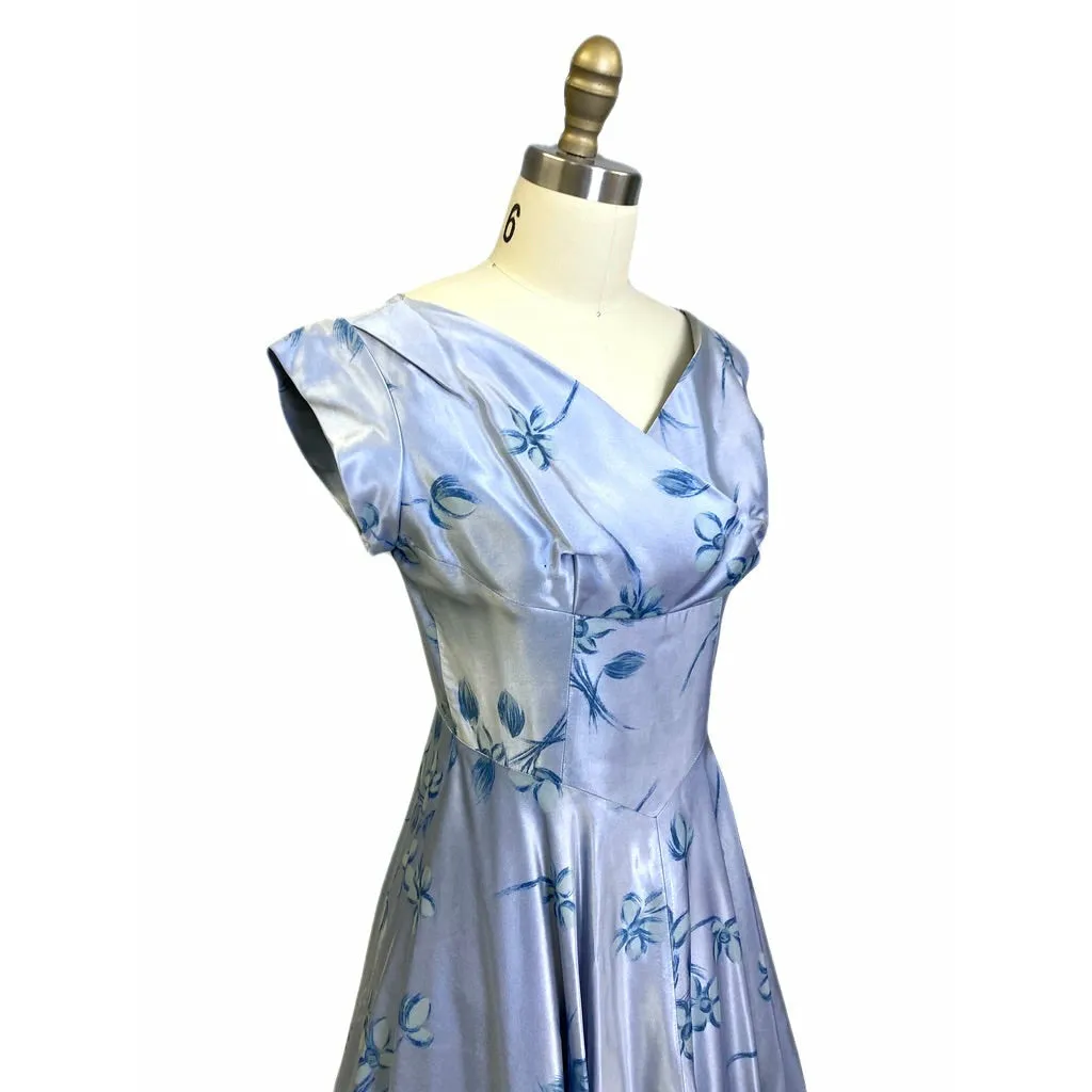 1950's Vintage Blue Floral Satin Dress I Love Lucy Full Skirt Sz S/M Cocktail