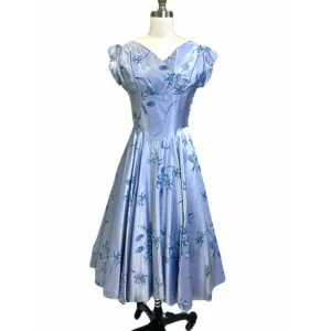1950's Vintage Blue Floral Satin Dress I Love Lucy Full Skirt Sz S/M Cocktail