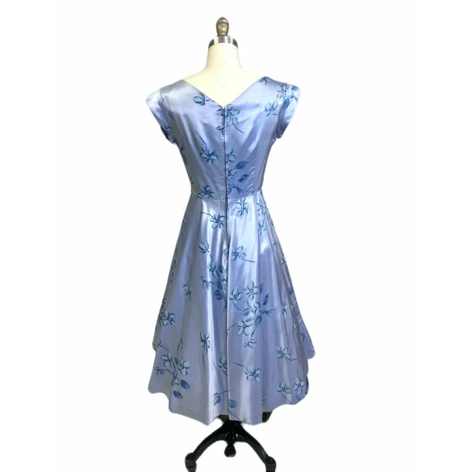 1950's Vintage Blue Floral Satin Dress I Love Lucy Full Skirt Sz S/M Cocktail