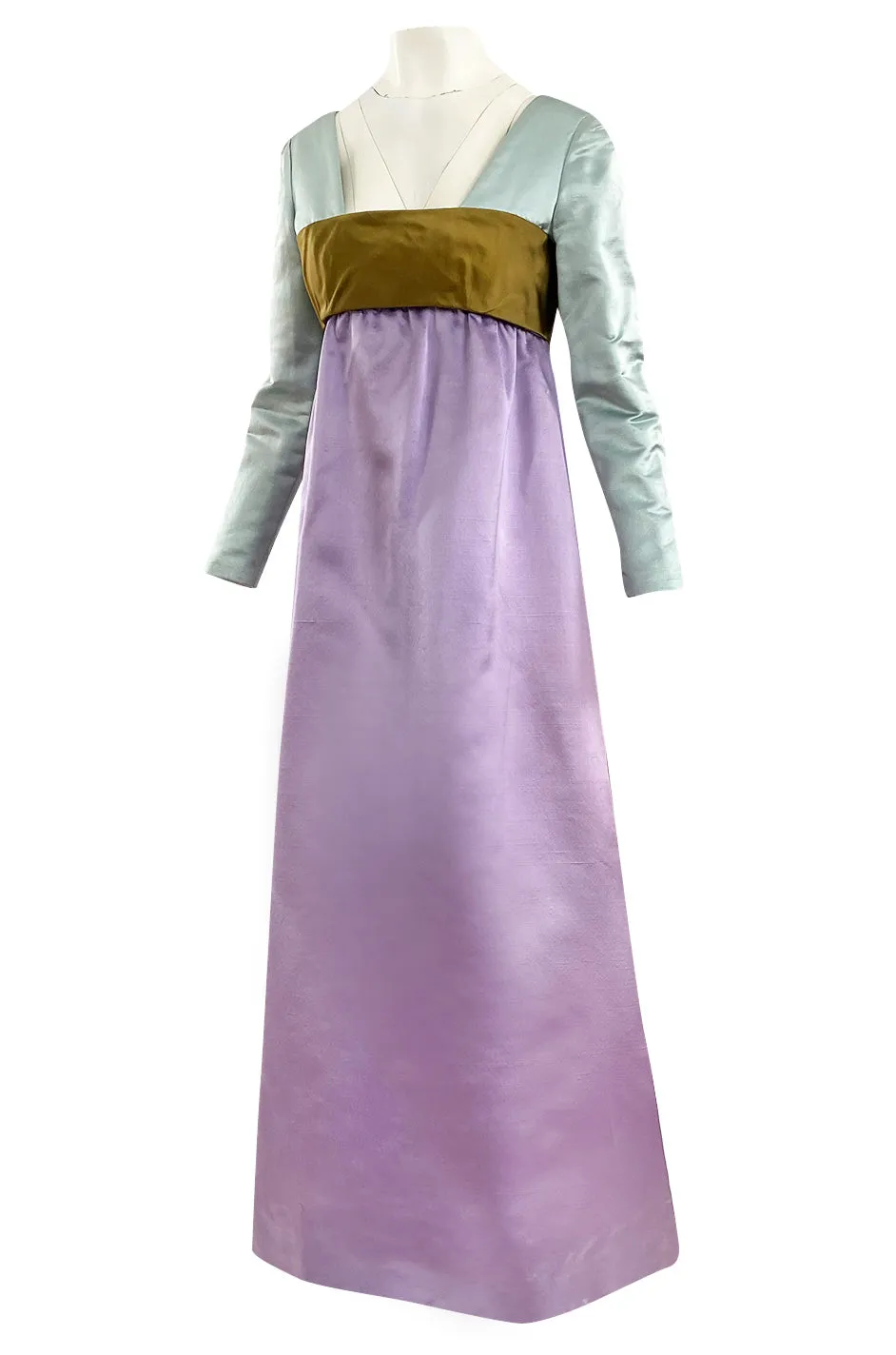 1960s Teal Traina by Geoffrey Beene Lavender Olive & Turquoise Silk Banded Bodice Dress