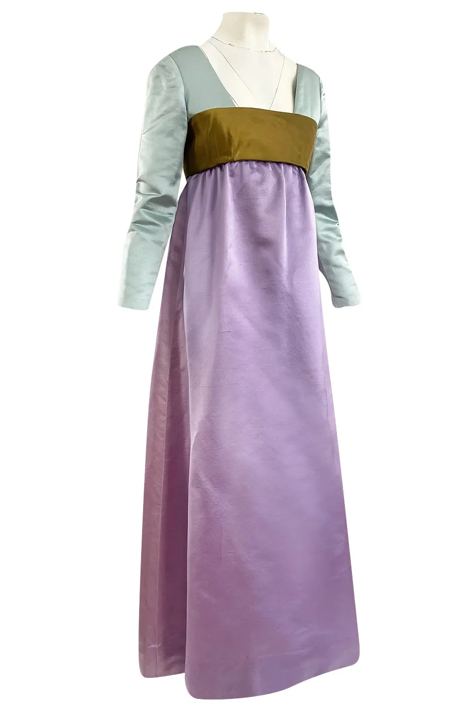 1960s Teal Traina by Geoffrey Beene Lavender Olive & Turquoise Silk Banded Bodice Dress