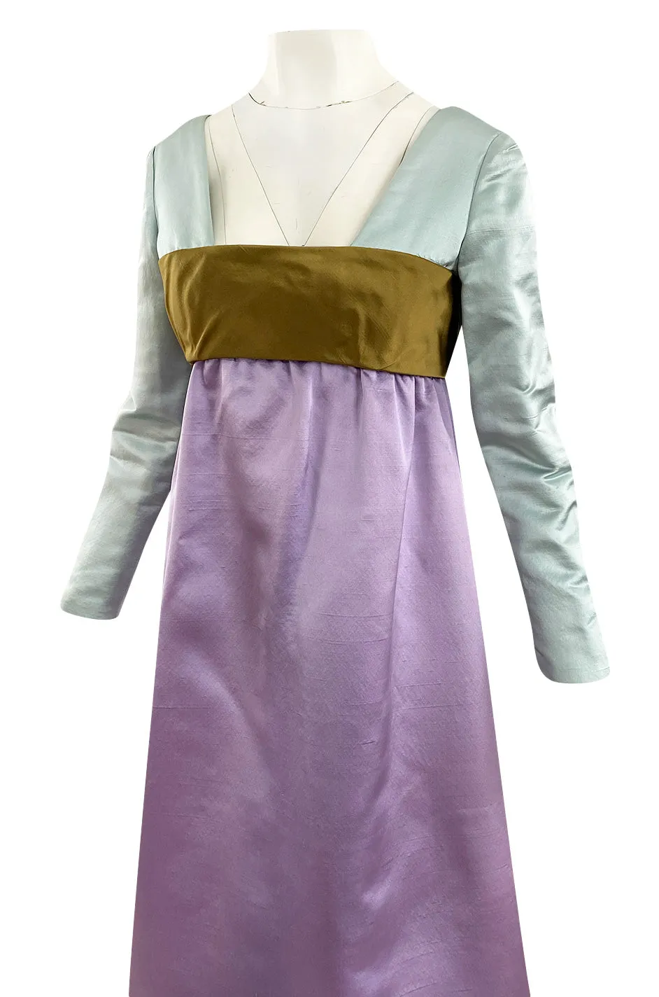 1960s Teal Traina by Geoffrey Beene Lavender Olive & Turquoise Silk Banded Bodice Dress