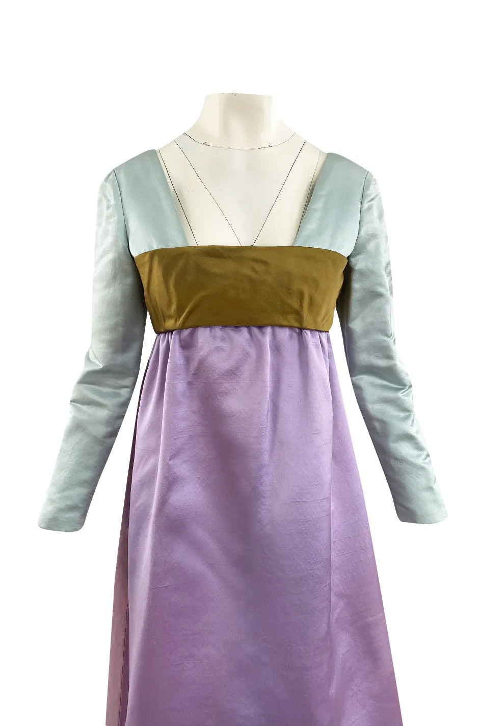 1960s Teal Traina by Geoffrey Beene Lavender Olive & Turquoise Silk Banded Bodice Dress