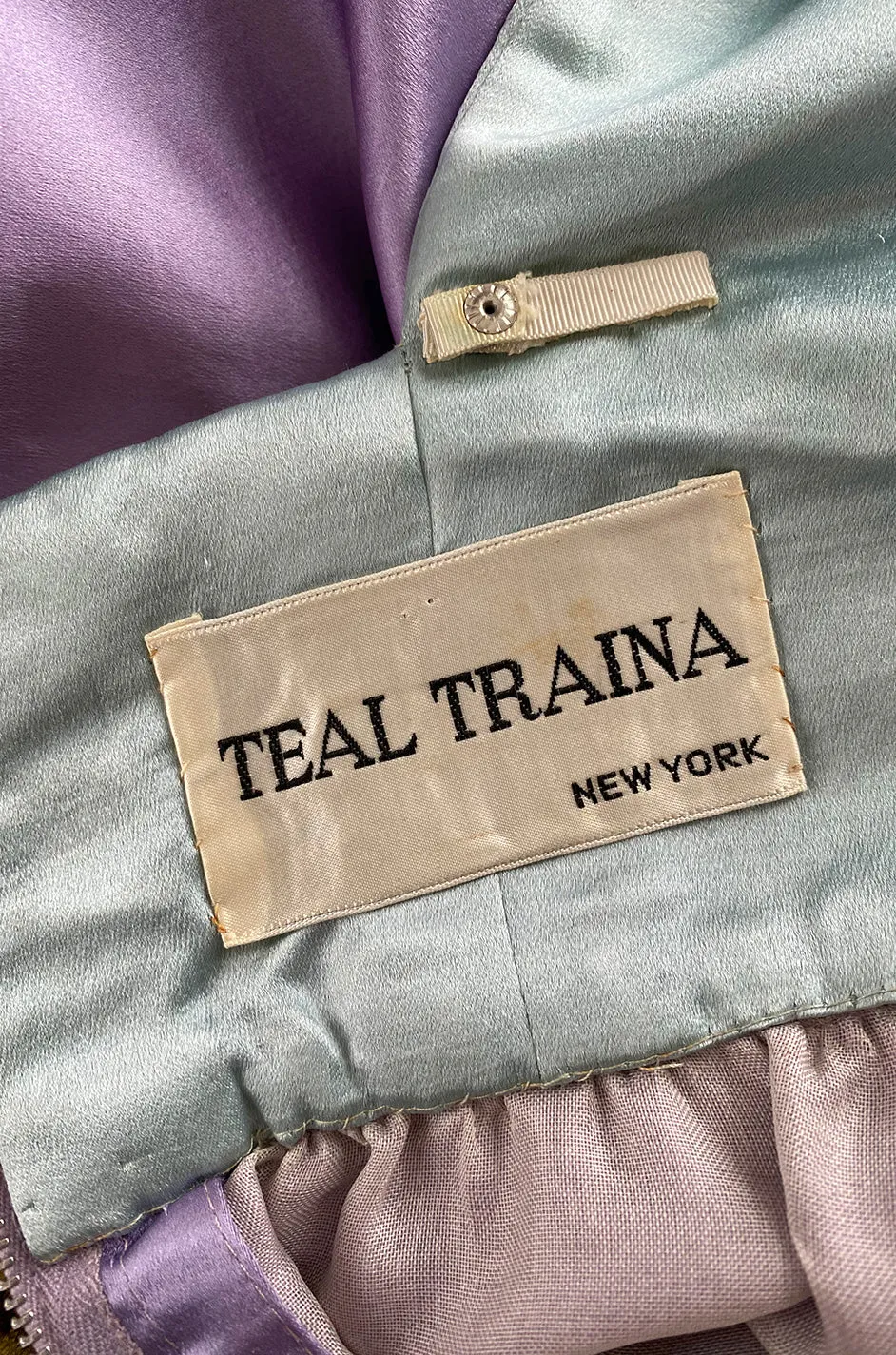 1960s Teal Traina by Geoffrey Beene Lavender Olive & Turquoise Silk Banded Bodice Dress