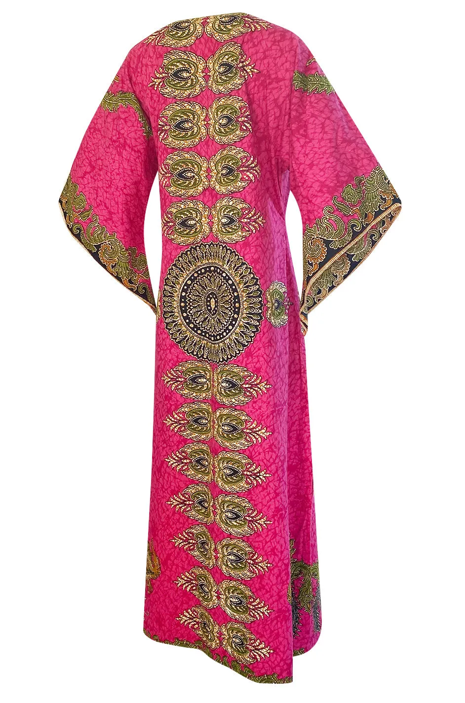 1960s Unlabeled Pink Thai Print Cotton Caftan Dress w Frog Knot Detail
