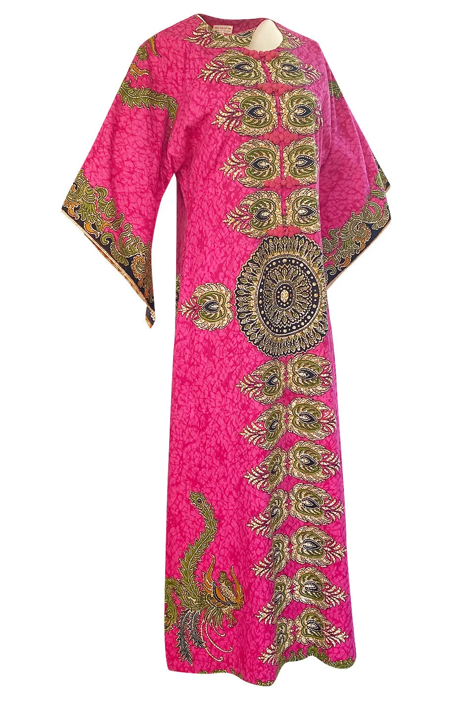 1960s Unlabeled Pink Thai Print Cotton Caftan Dress w Frog Knot Detail
