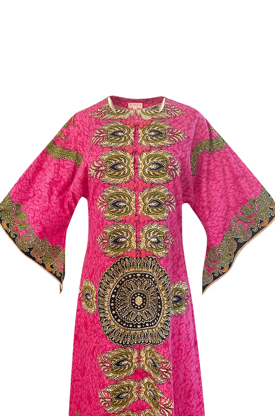 1960s Unlabeled Pink Thai Print Cotton Caftan Dress w Frog Knot Detail