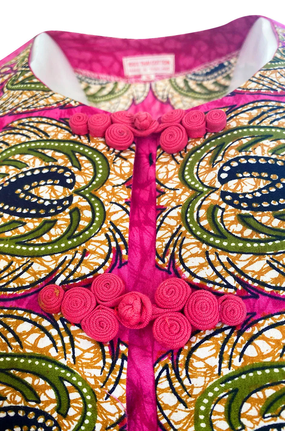 1960s Unlabeled Pink Thai Print Cotton Caftan Dress w Frog Knot Detail