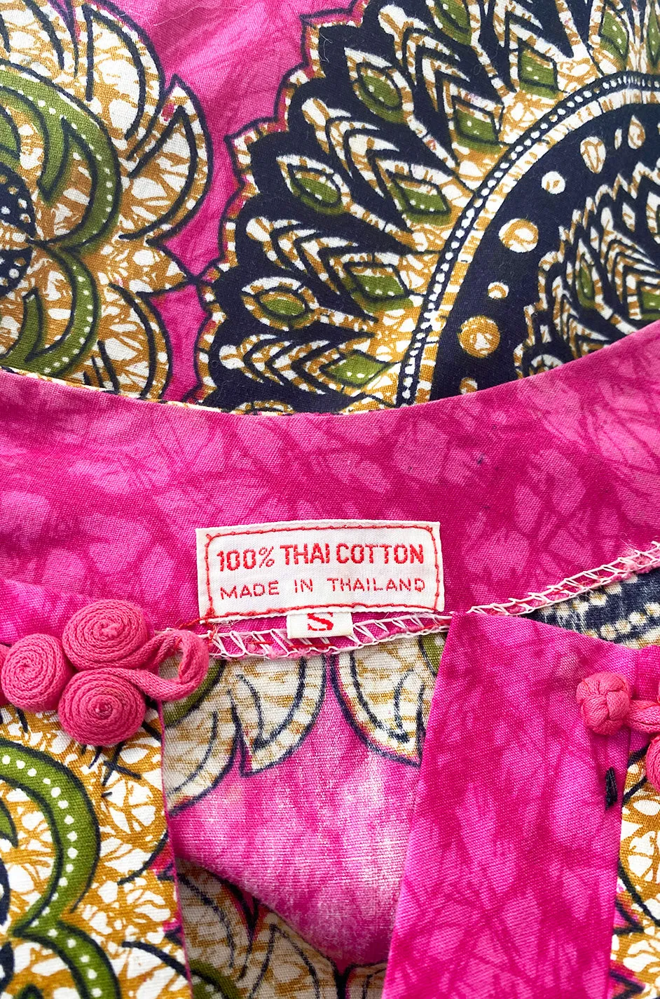 1960s Unlabeled Pink Thai Print Cotton Caftan Dress w Frog Knot Detail