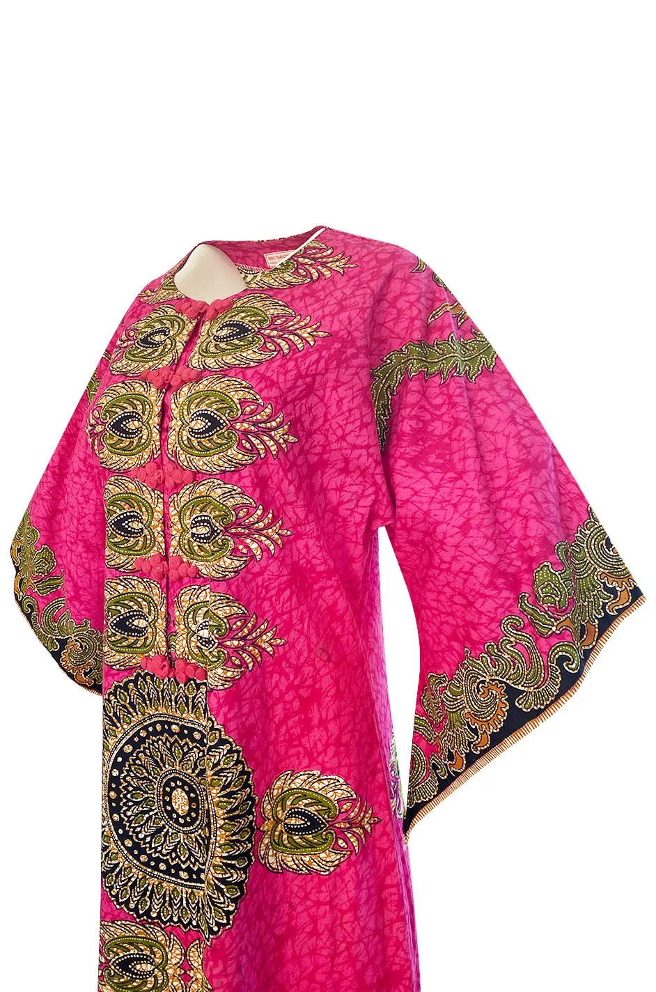 1960s Unlabeled Pink Thai Print Cotton Caftan Dress w Frog Knot Detail