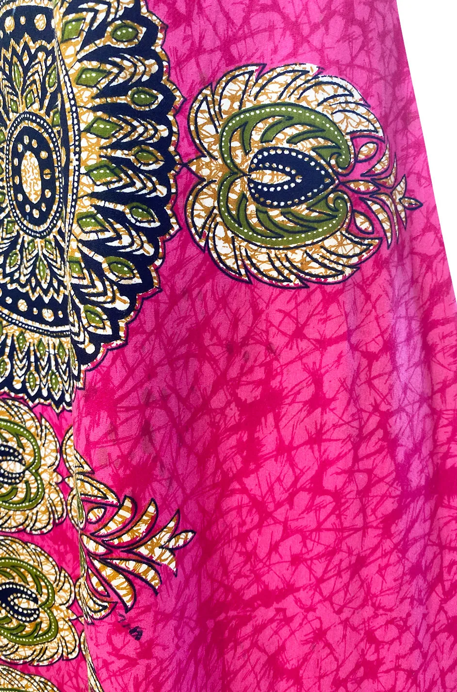 1960s Unlabeled Pink Thai Print Cotton Caftan Dress w Frog Knot Detail