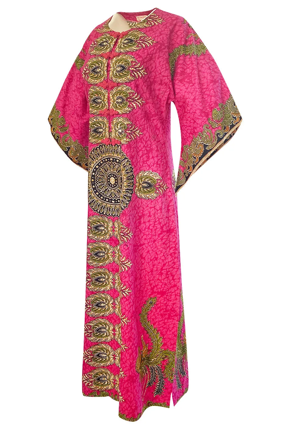 1960s Unlabeled Pink Thai Print Cotton Caftan Dress w Frog Knot Detail