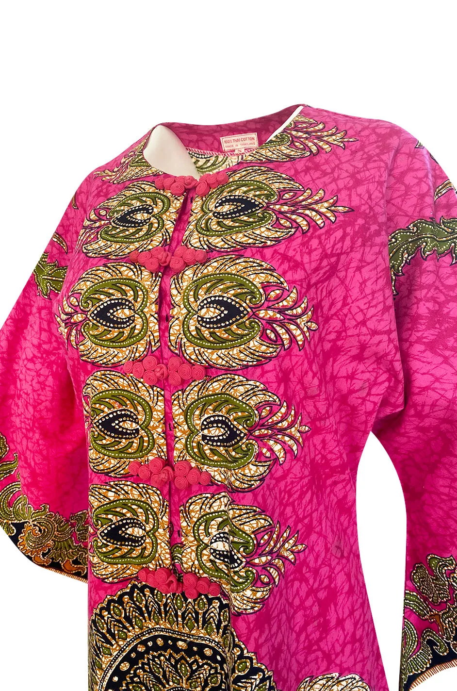 1960s Unlabeled Pink Thai Print Cotton Caftan Dress w Frog Knot Detail