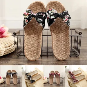 2024 New Casual Sneakers For Home Slippers Summer Fashion Bow-Knot Soft Floor Woman Indoor Flats Shoes Cute Linen Slipper