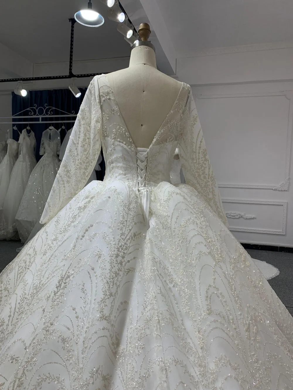 29762# Shiny Lace Bridal Outfit with Cathedral Train