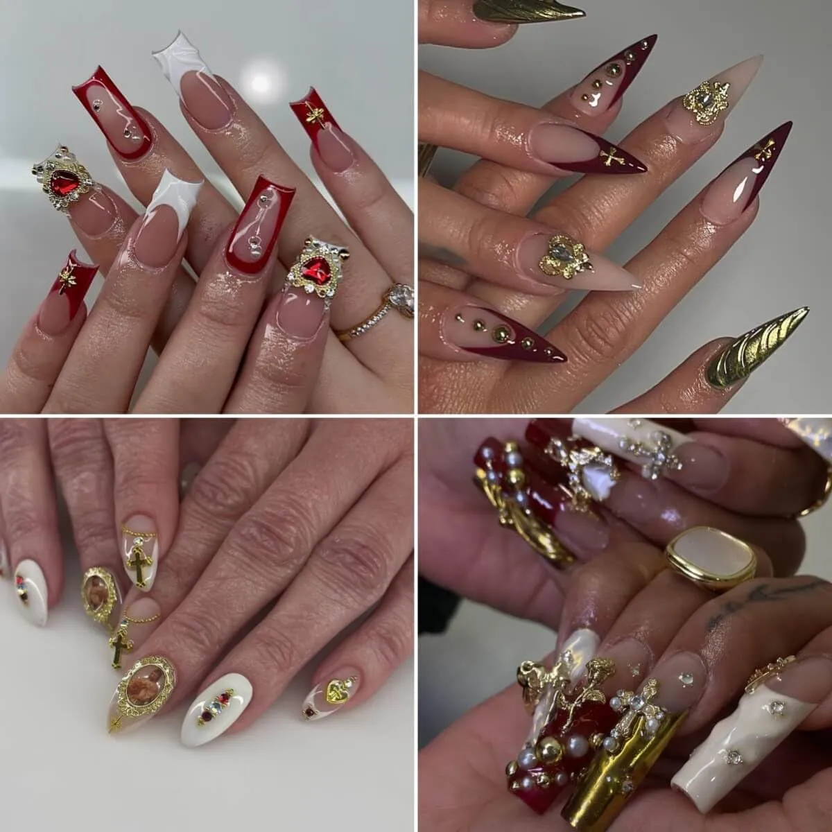 64Pcs Gold Nail Charms Set with Gold Cross, Hearts, Rose, and Virgin Mary - Y2K 3D Chrome Nail Decorations