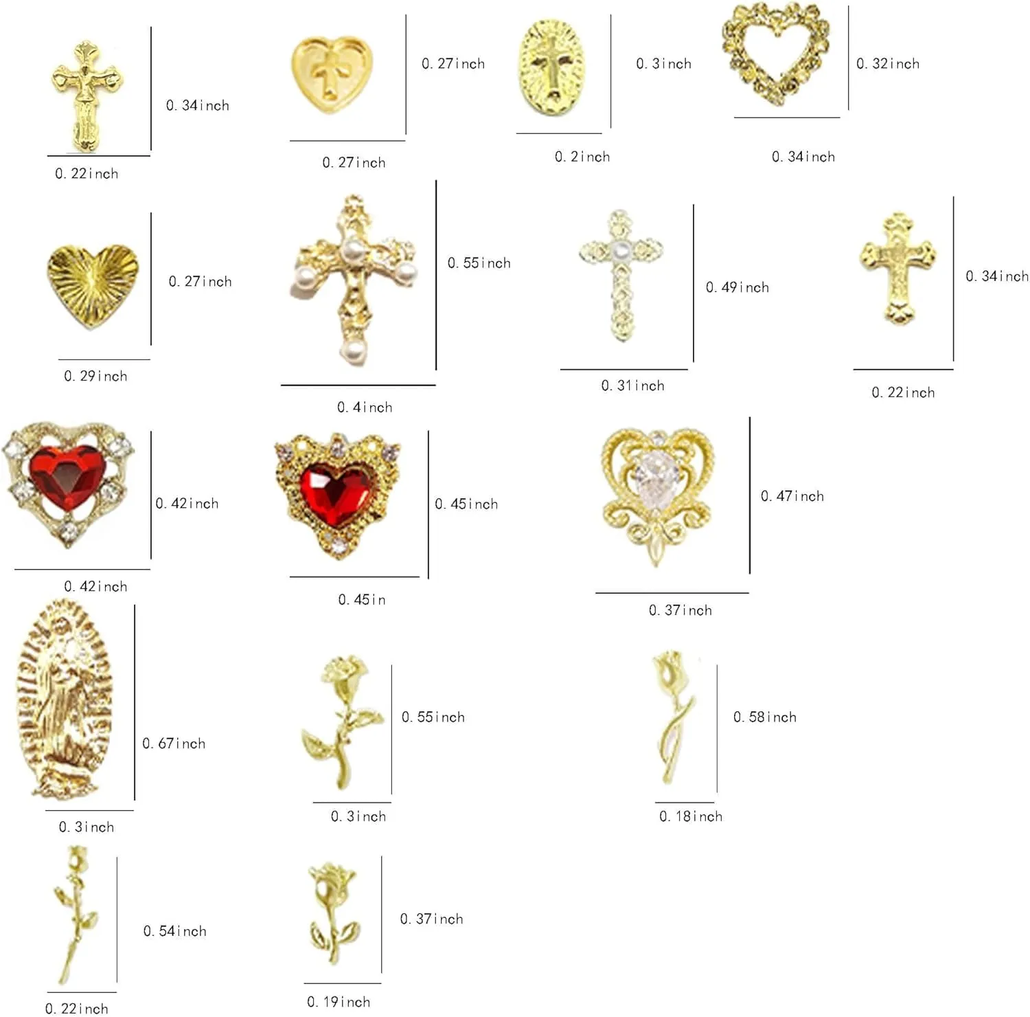 64Pcs Gold Nail Charms Set with Gold Cross, Hearts, Rose, and Virgin Mary - Y2K 3D Chrome Nail Decorations