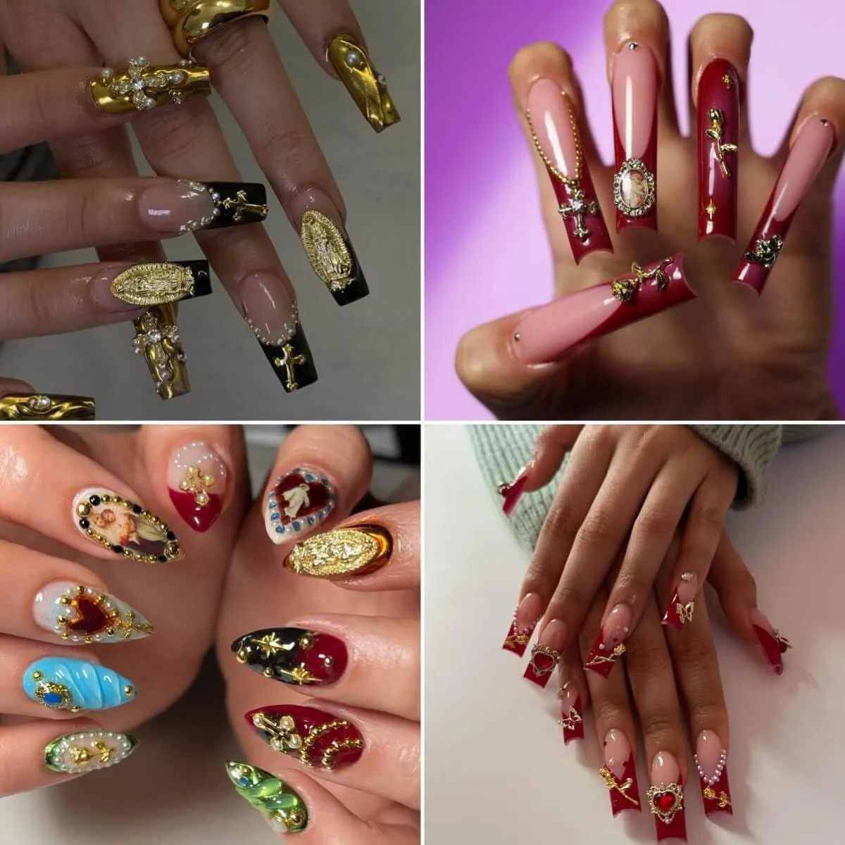 64Pcs Gold Nail Charms Set with Gold Cross, Hearts, Rose, and Virgin Mary - Y2K 3D Chrome Nail Decorations