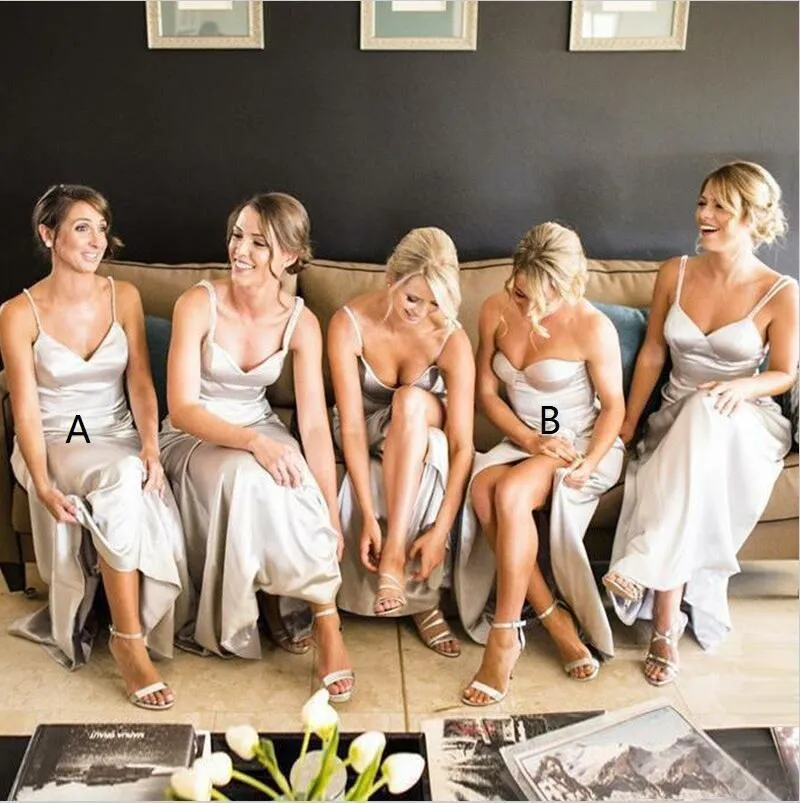 A-Line Cheap Modest Sexy Unique Spaghetti Straps Elegant Sexy Floor-Length Silver Bridesmaid Dresses, WG261