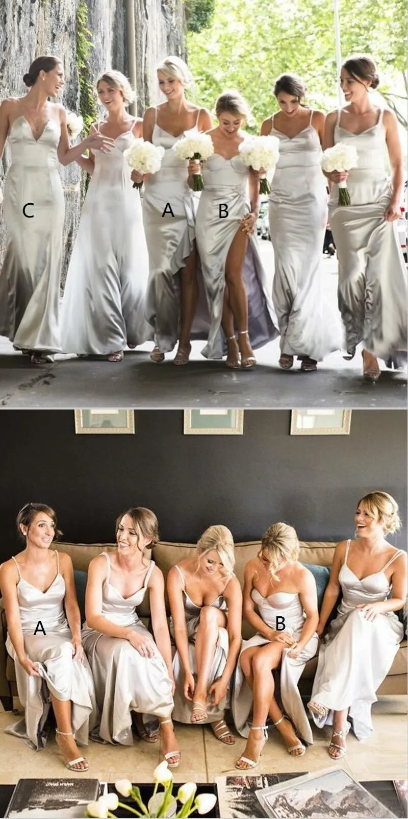 A-Line Cheap Modest Sexy Unique Spaghetti Straps Elegant Sexy Floor-Length Silver Bridesmaid Dresses, WG261