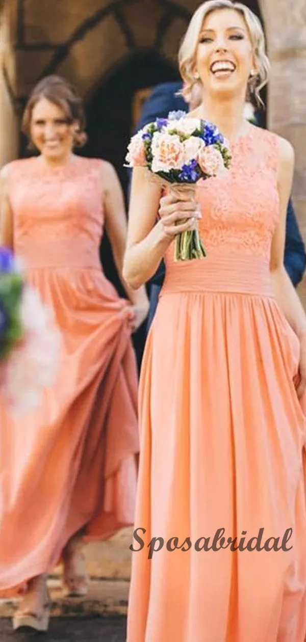 A-line Orange Chiffon Lace Long Bridesmiad Dresses WG906