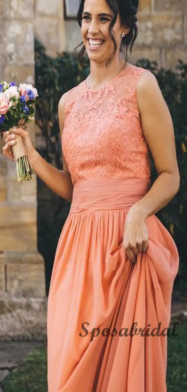 A-line Orange Chiffon Lace Long Bridesmiad Dresses WG906