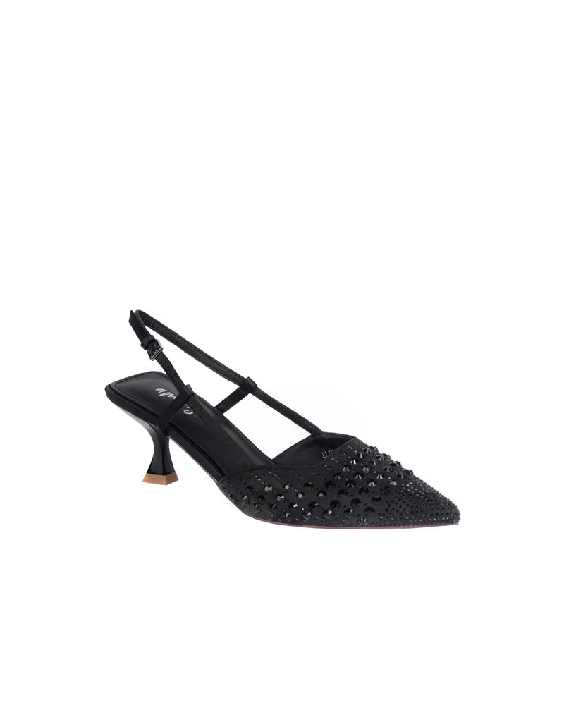 Ameise Eliza Satin & Crystals Sling Back Mid  Heels